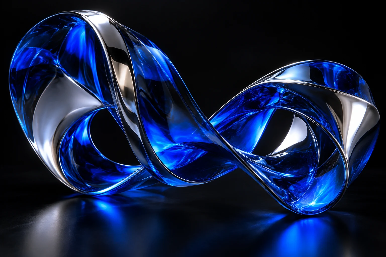Sculptural cobalt glass ribbon illuminated against a dark background